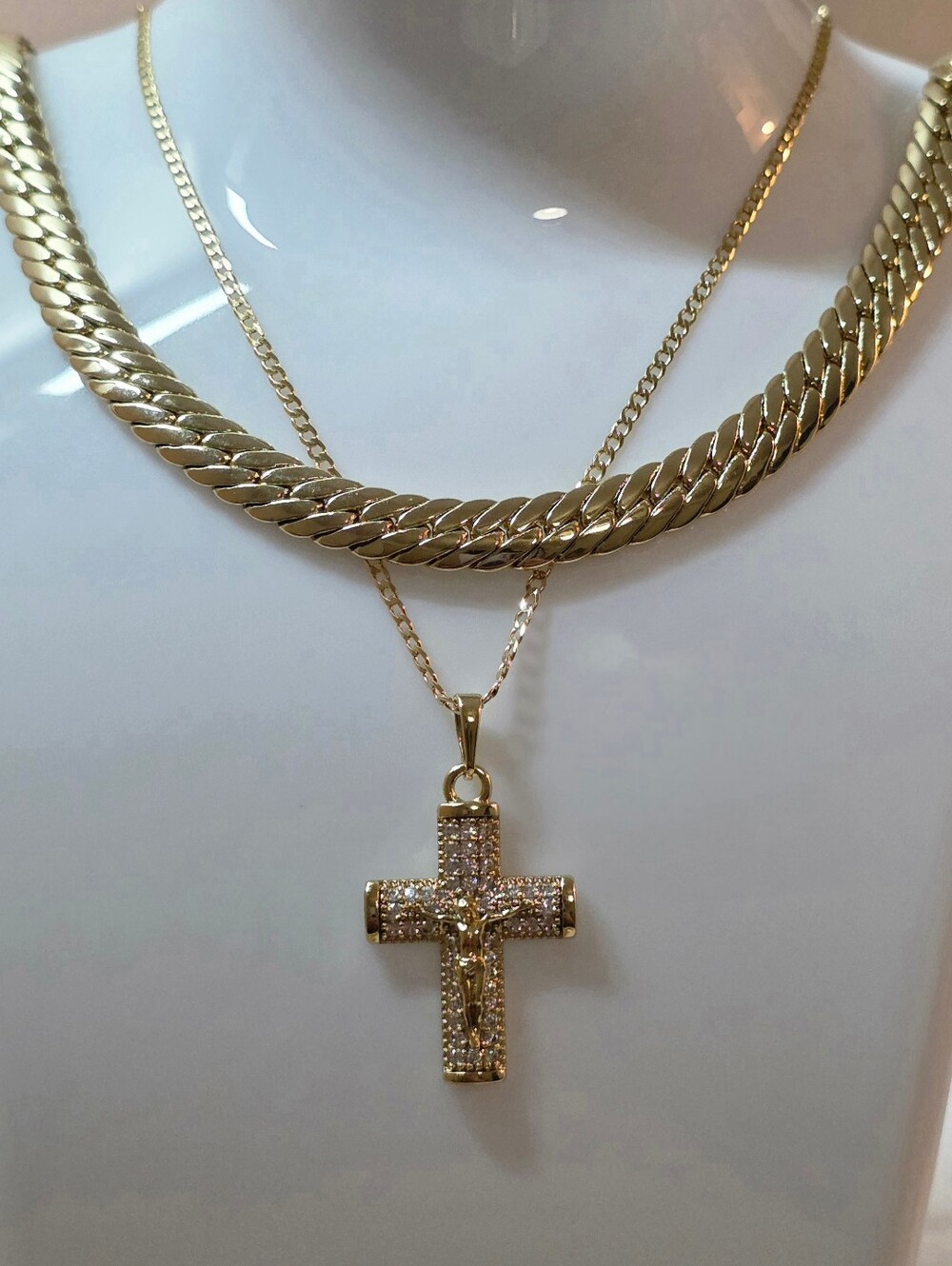 Jesus Cross Pendant Layered Herringbone 20" & Cuban 24"  Necklace Set